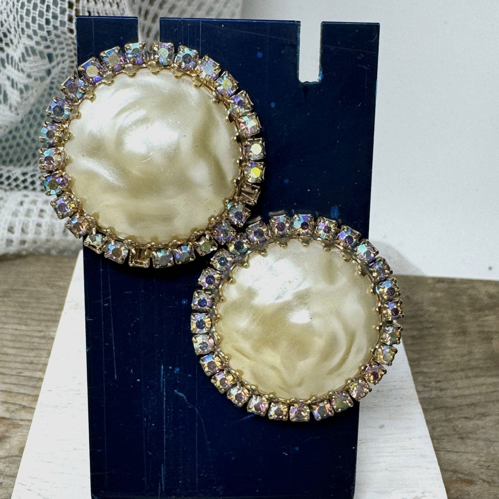 Vintage Faux Pearl & Rhinestone Earrings Clip ons Goldtone Large