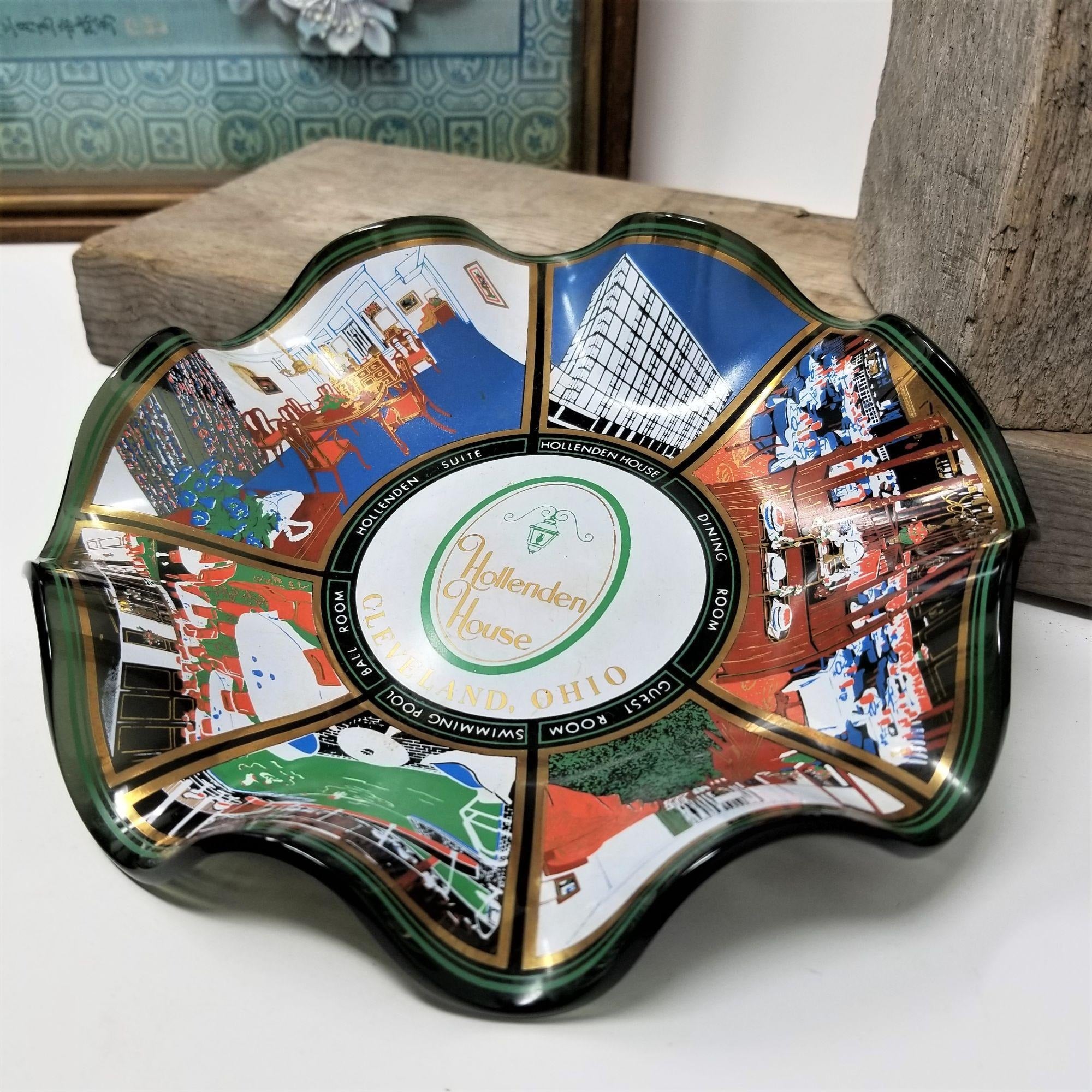 1960-70S CLEVELAND,OHIO HOLLENDEN HOUSE HOTEL SMOKED GLASS ASHTRAY/CANDY DISH