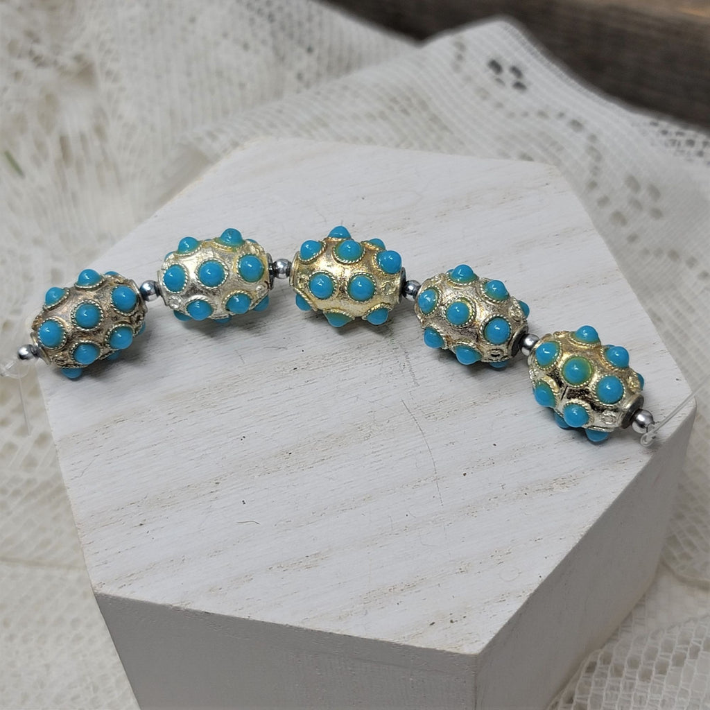 Vintage Silver Beads w/ Turquoise Glass Cabs Ovals 17 x 12 mm