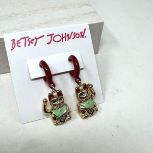 Betsey Johnson Lucky Cat Earrings Goldtone Hoops  Enameled NWT