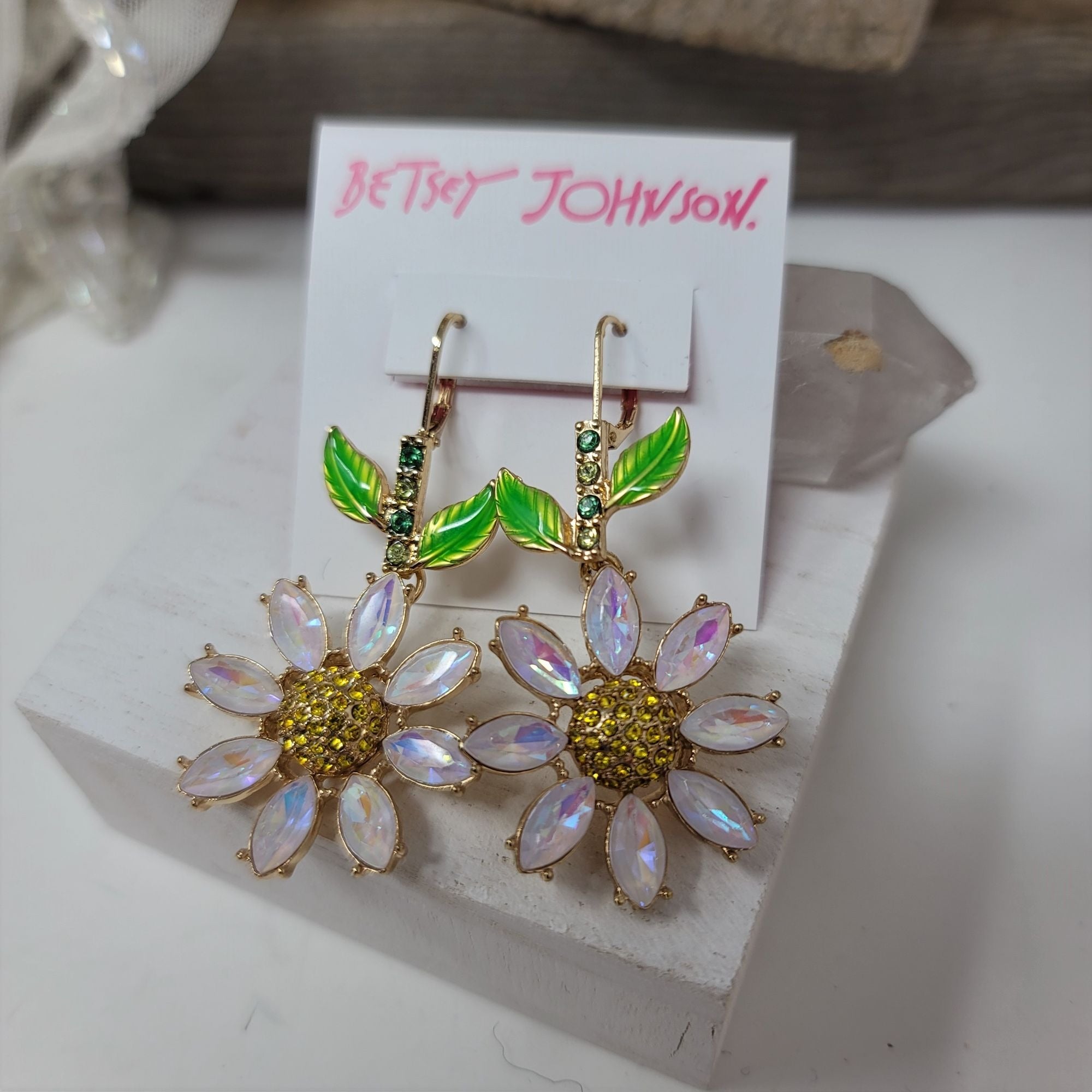 Betsey Johnson Rhinestone Flower Earrings Pierced Levier Backs