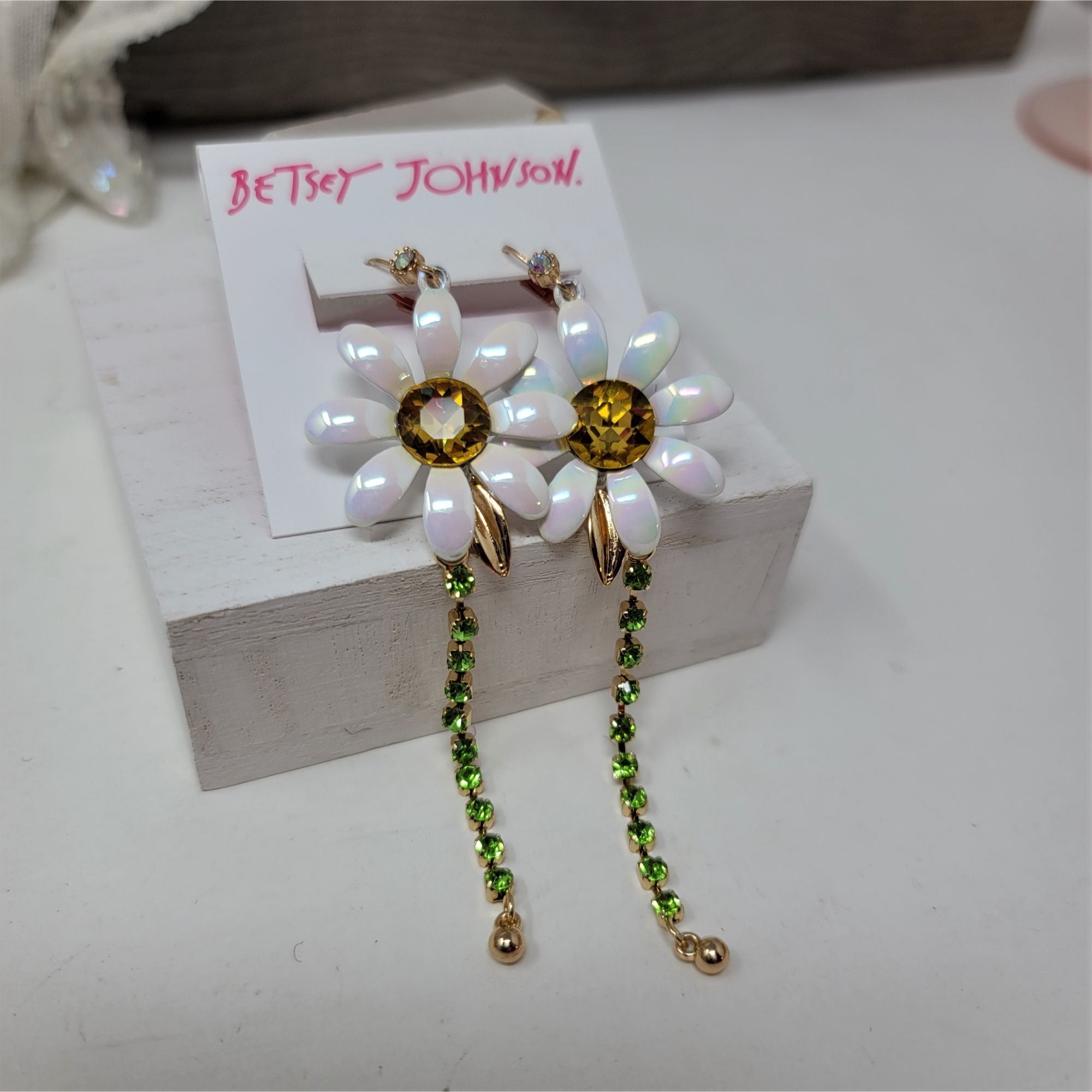 Betsey Johnson Enameled & Rhinestone Pierced Earrings Goldtone