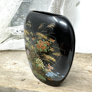 Black  Ceramic Oriental Style Vase with colorful flowers