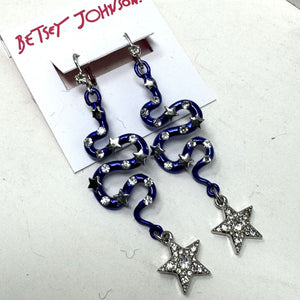 Betsey Johnson Cobalt Blue Rhinestone Shake & Star Earrings Leaver backs Silver