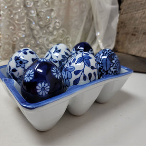 Vintage Blue & White Porcelain Easter Eggs with Matching Crate