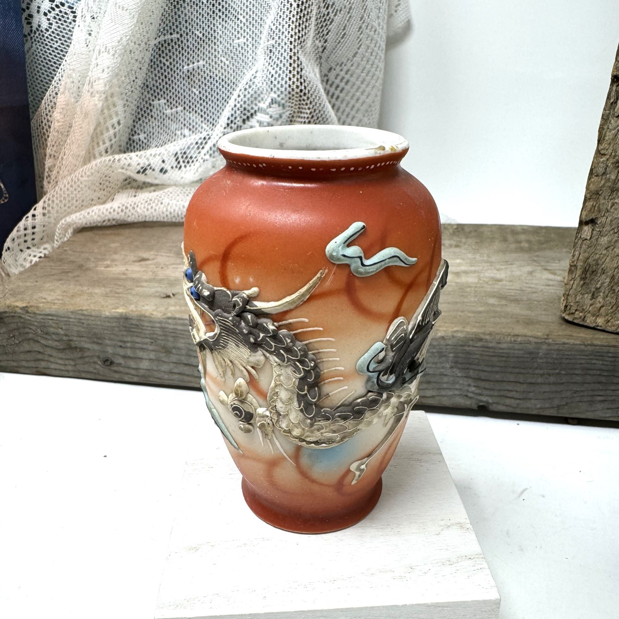Vtg Japanese Porcelain Small Vase Moriage Raised Dragon Hand Painted