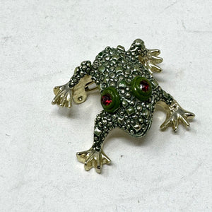 Miniature Vintage Frog Scatter Pin Set w/ Red Rhinestone Eyes Green Enamel