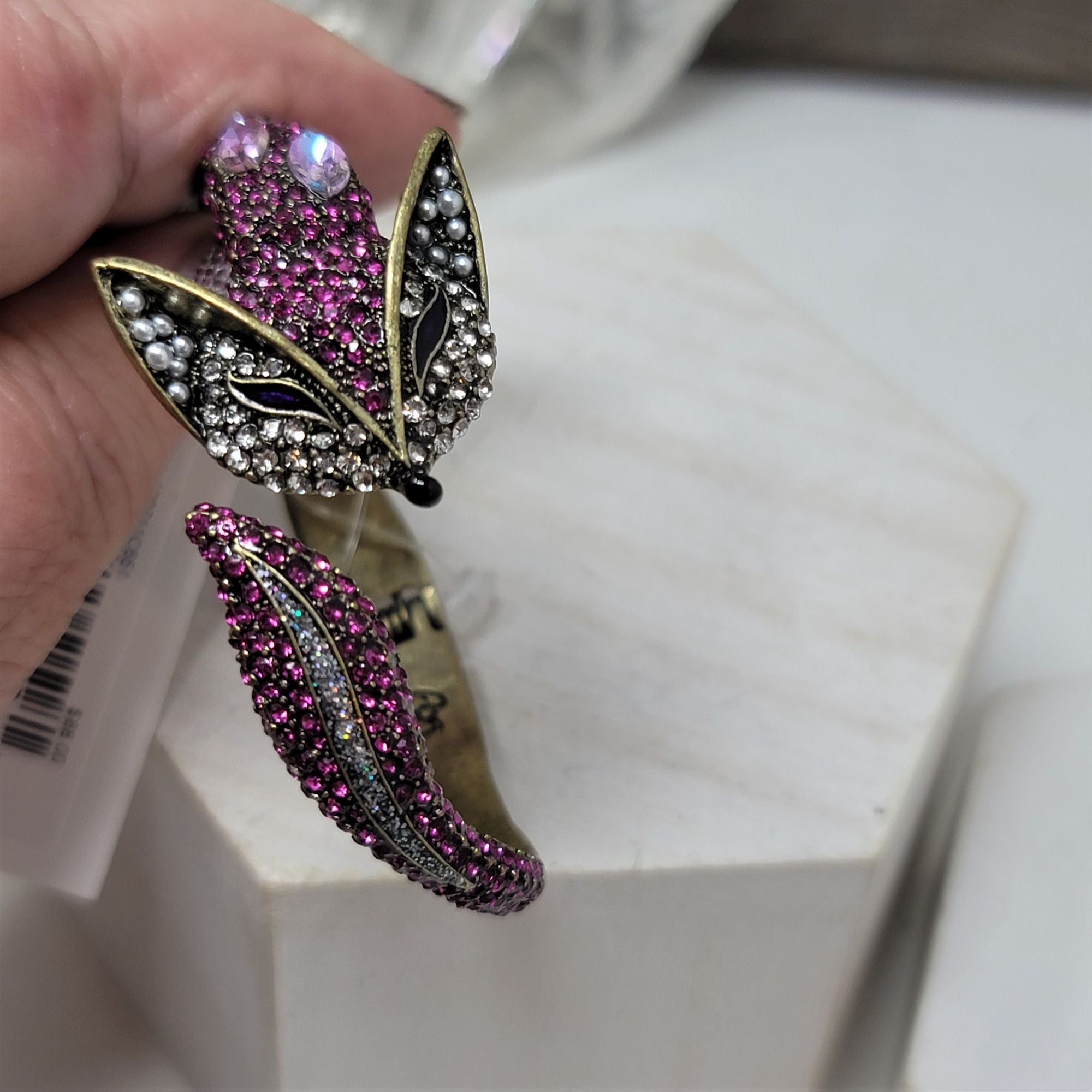 Betsey Johnson Rhinestone Fox Bangle Bracelet Pink & Gold