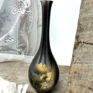 Vintage Metal Bud Vase Etched Mountain Design 6.5"