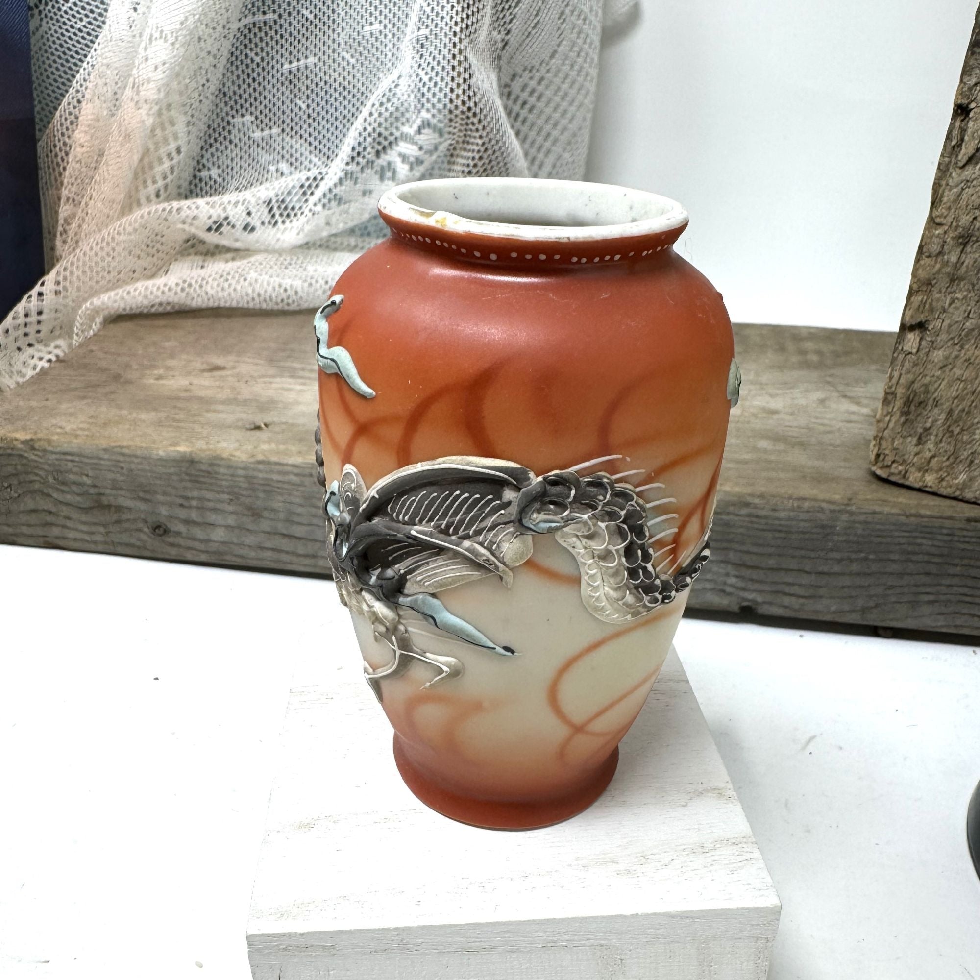 Vtg Japanese Porcelain Small Vase Moriage Raised Dragon Hand Painted