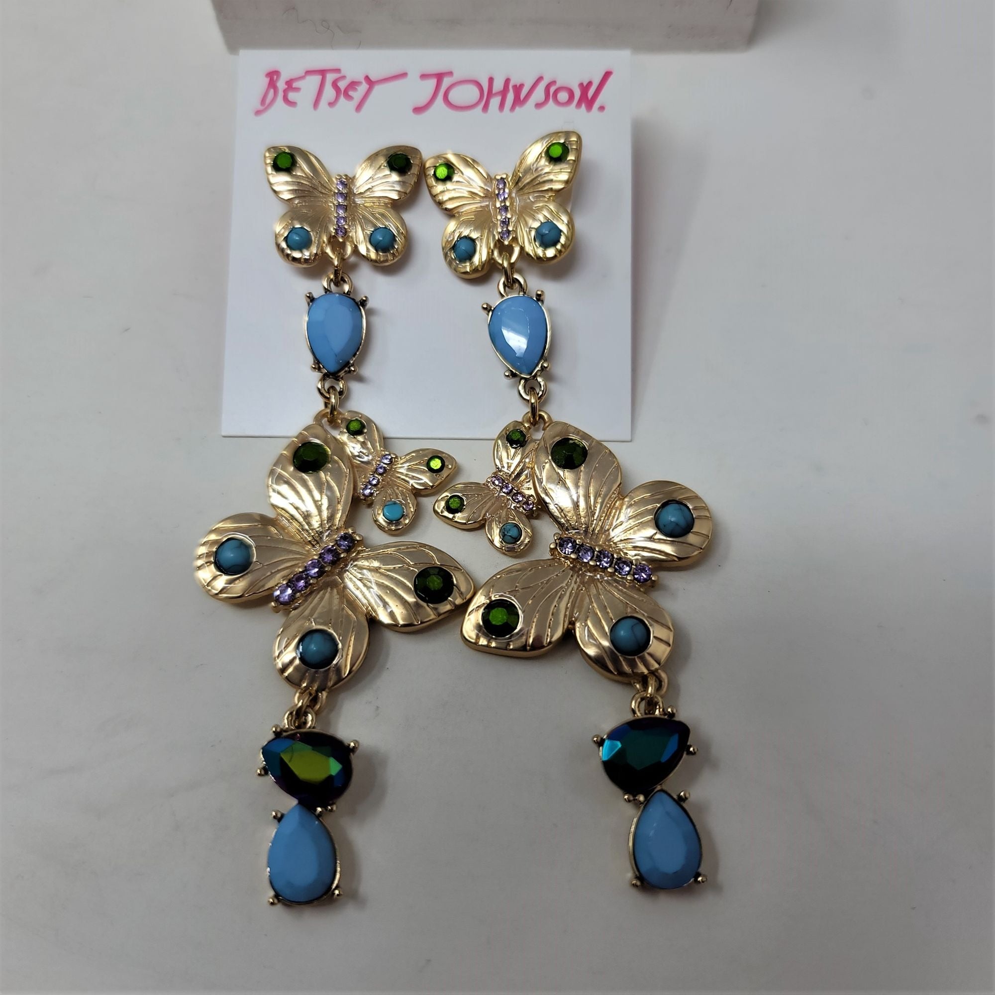 Betsey Johnson Rhinestone & Butterfly Pierced Earrings Posts Goldtone