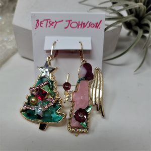 Betsey Johnson Christmas Tree Holiday Angel Mismatch Drop Earrings NWT
