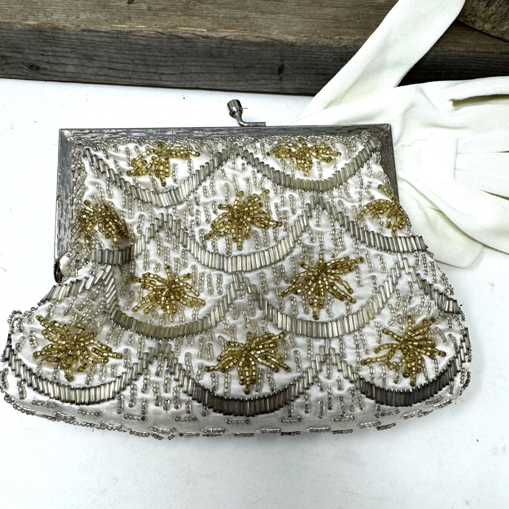 Silver & Gold Glass Beaded Evening Bag Purse  Chain Handle