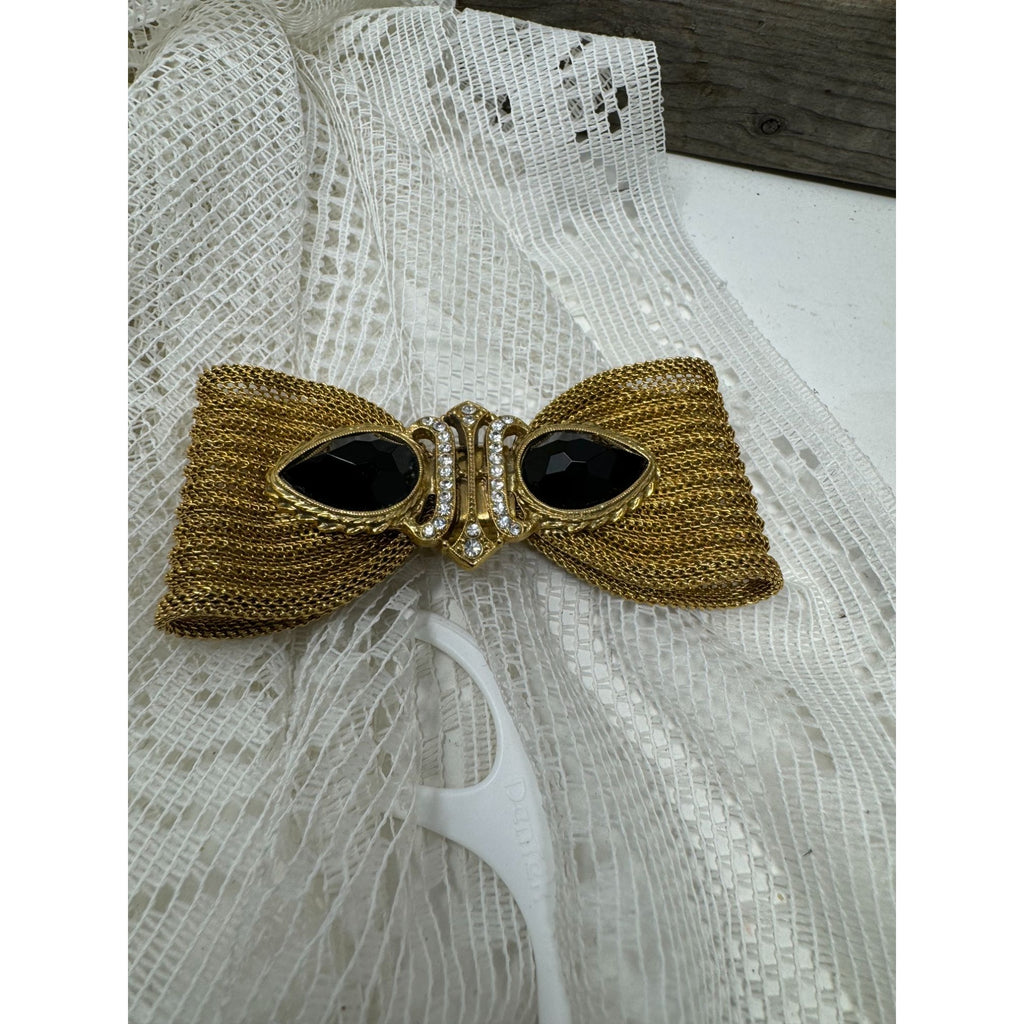 Vintage Gold Tone Mesh Bow Brooch With Black Rhinestones & Clear Accents