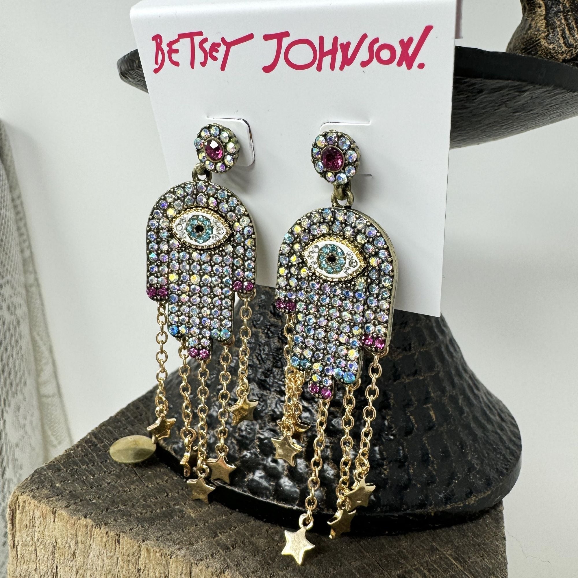 Betsey Johnson Rhinestone Hamsa Hand Earrings  dangle stars NWT