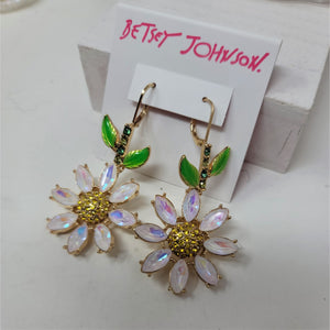 Betsey Johnson Rhinestone Flower Earrings Pierced Levier Backs