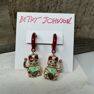 Betsey Johnson Lucky Cat Earrings Goldtone Hoops  Enameled NWT