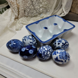 Vintage Blue & White Porcelain Easter Eggs with Matching Crate