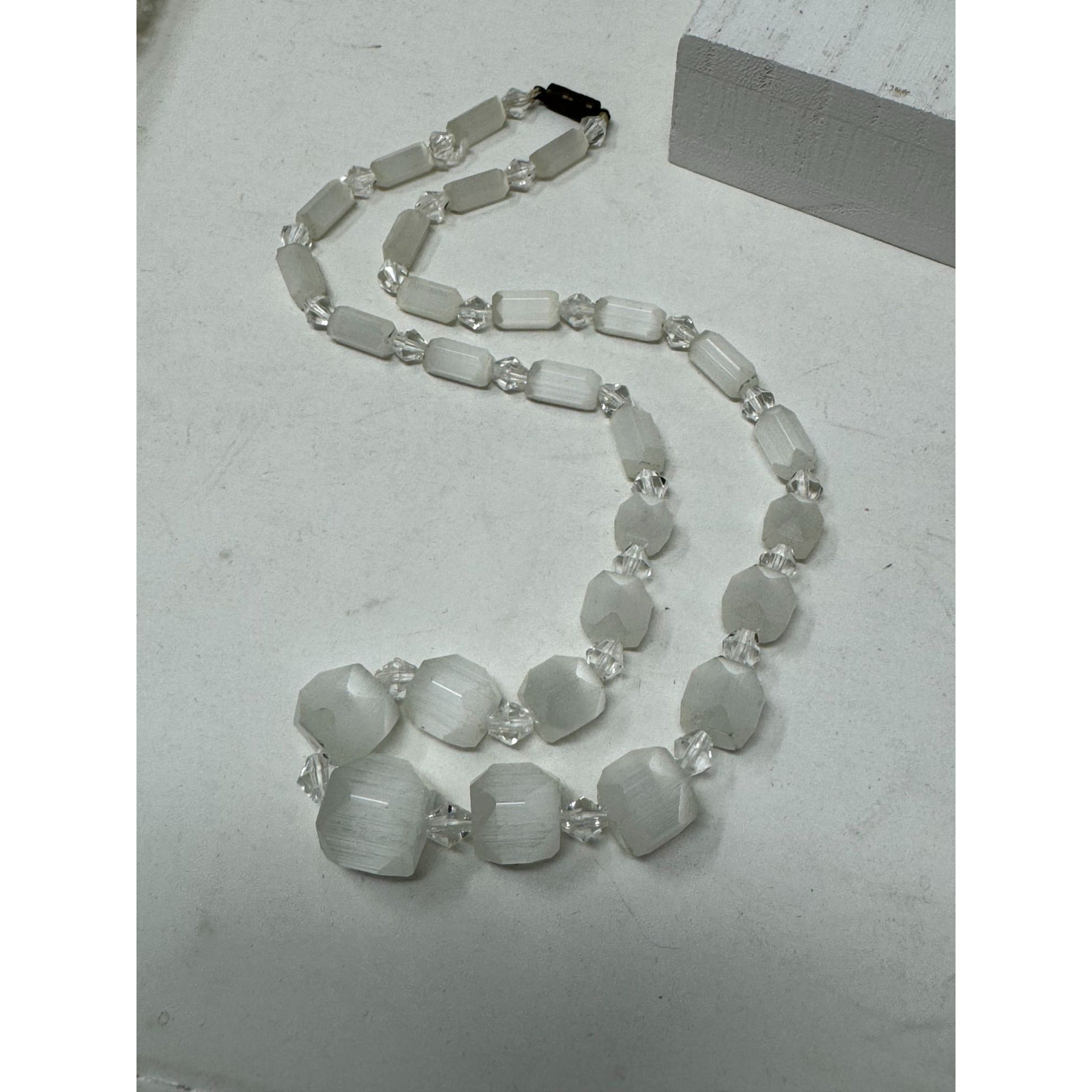 Vintage Atlas Glass Necklace Satin White beads  16" Long Czech Glass