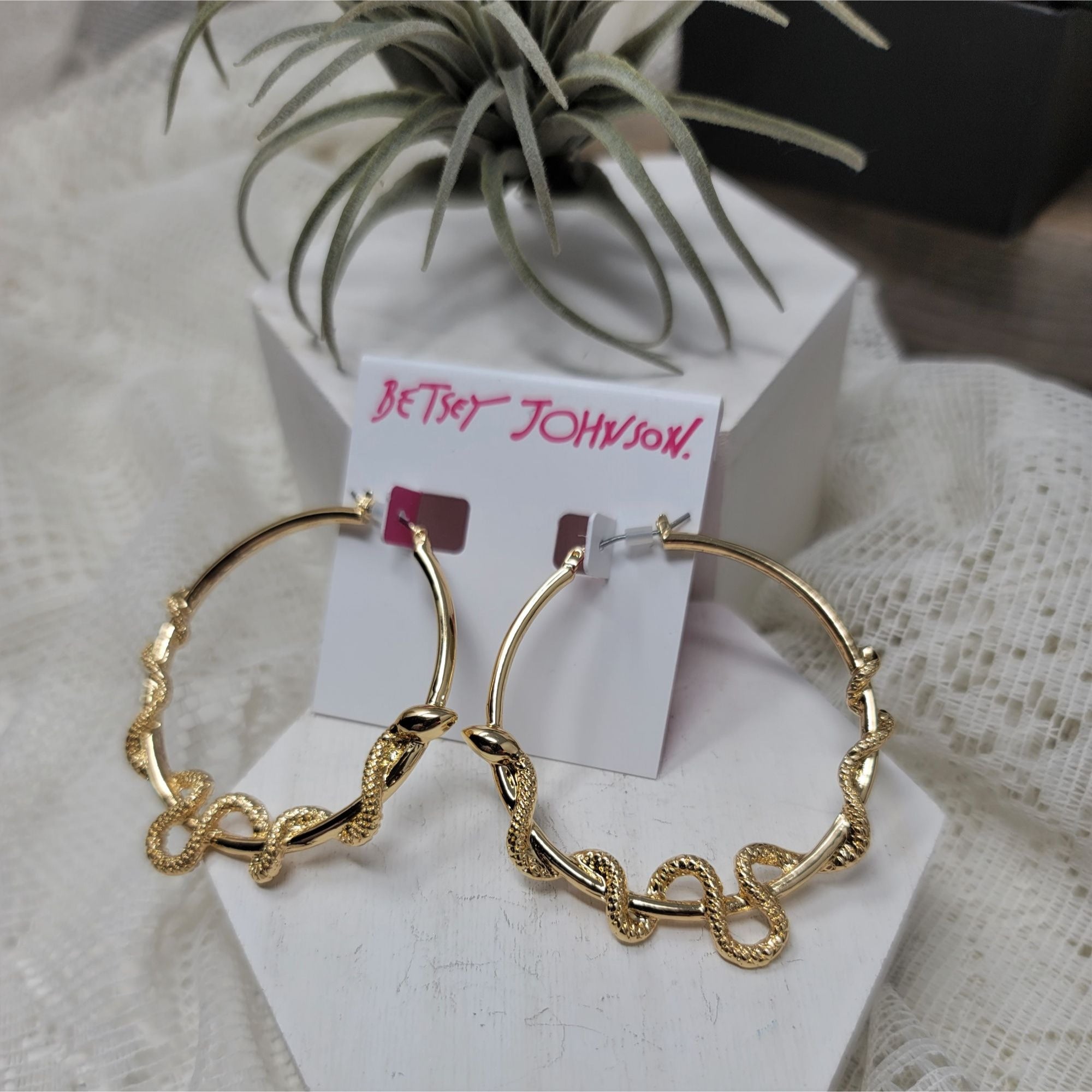 Betsey Johnson Seductive Snake Hoop Earrings Gold-tone Pierced NWT