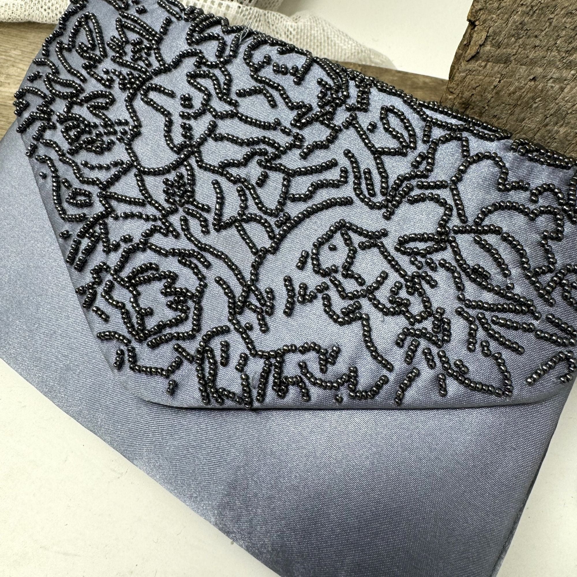 La Regate  Glass Beaded Purse Clutch with Cord Gray Fabric