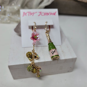 Betsey Johnson Pierced Earrings Wine & Rhinestone Flowers Lever Back