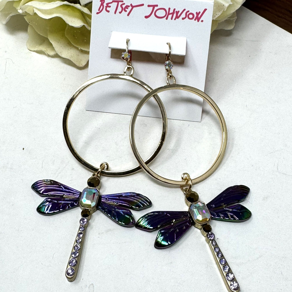 Betsey Johnson Large  Hoop Dragon  Dragonfly Earrings Purple Iris Rhinestones