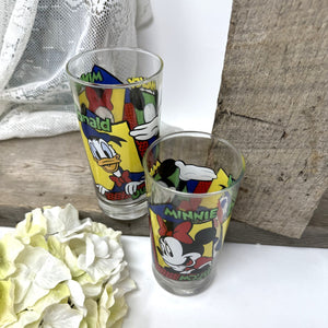 Vintage Mickey Mouse Minnie Mouse Donald Duck Glass Tumbler 2pc