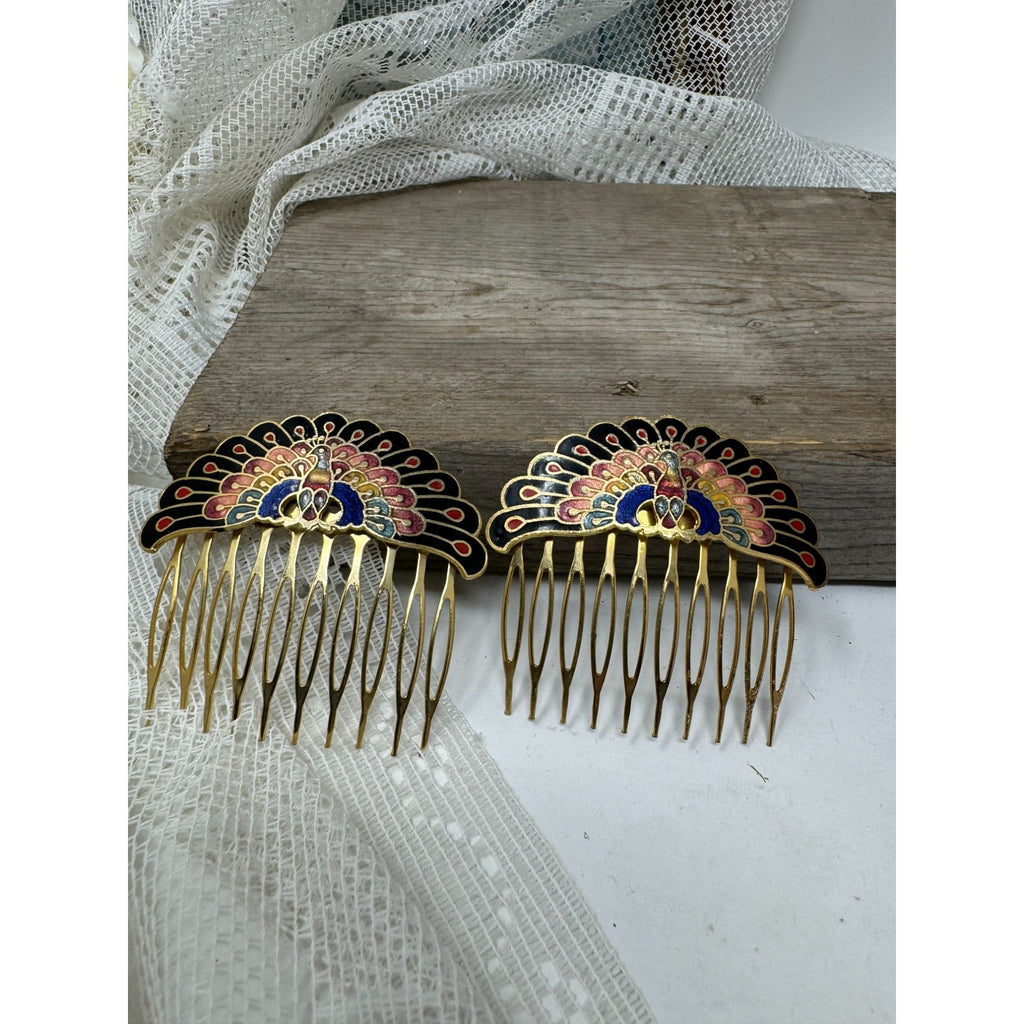 Vintage Brass & Enamel  Cloisonne Peacock Hair Combs