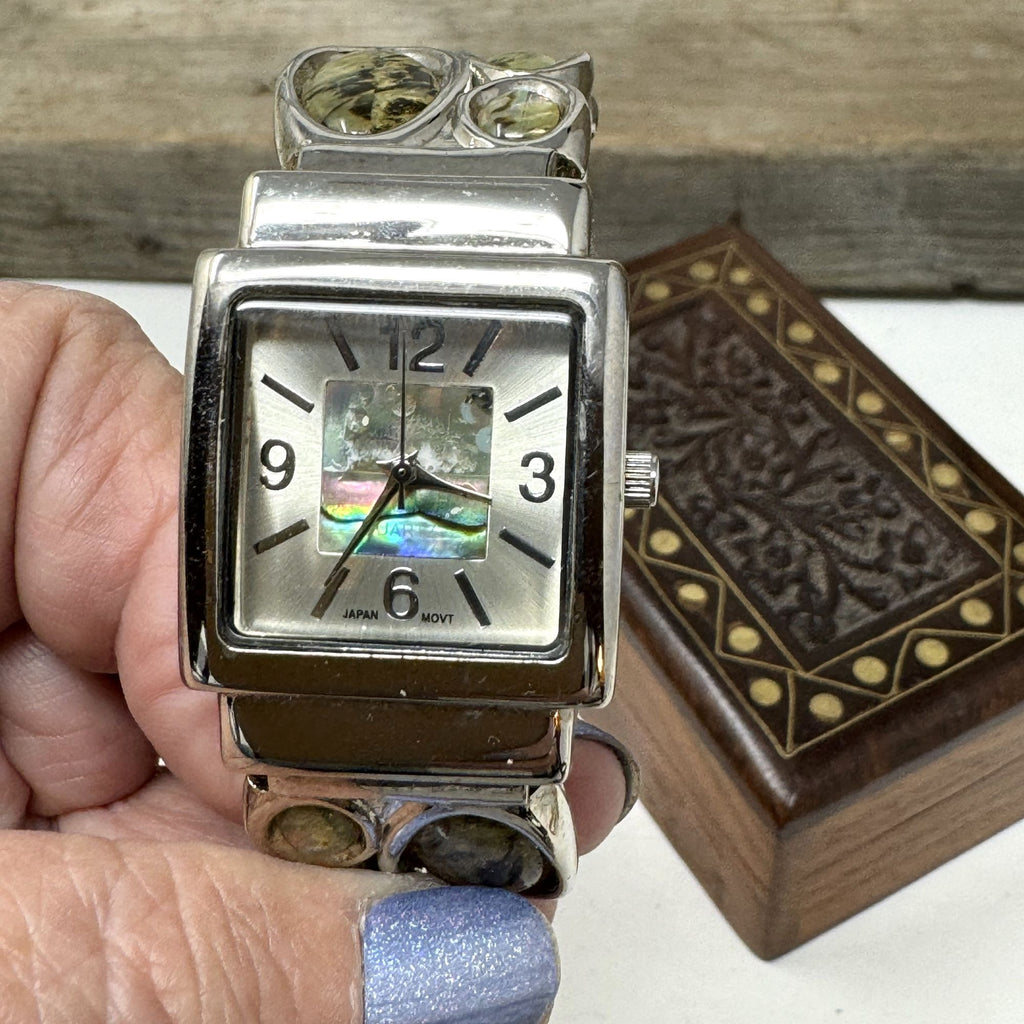 Vintage Abalone Shell Cuff Watch  Japan Movement Clamper