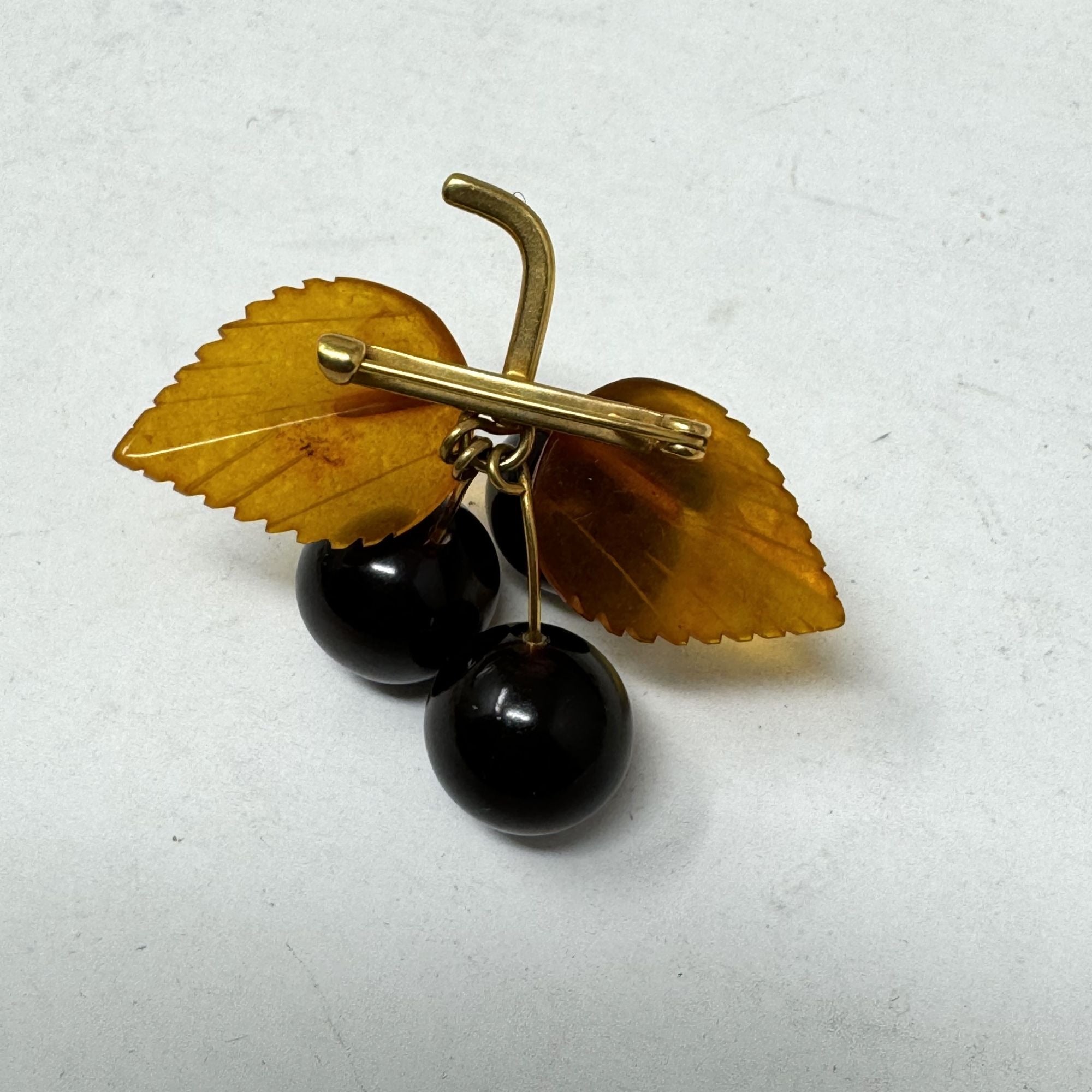 Vintage Russian Carved Cognac Cherry Amber berries and Leaf Brooch