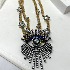 Betsey Johnson Rhinestone Evil Eye necklace Celestial Goldtone NWT