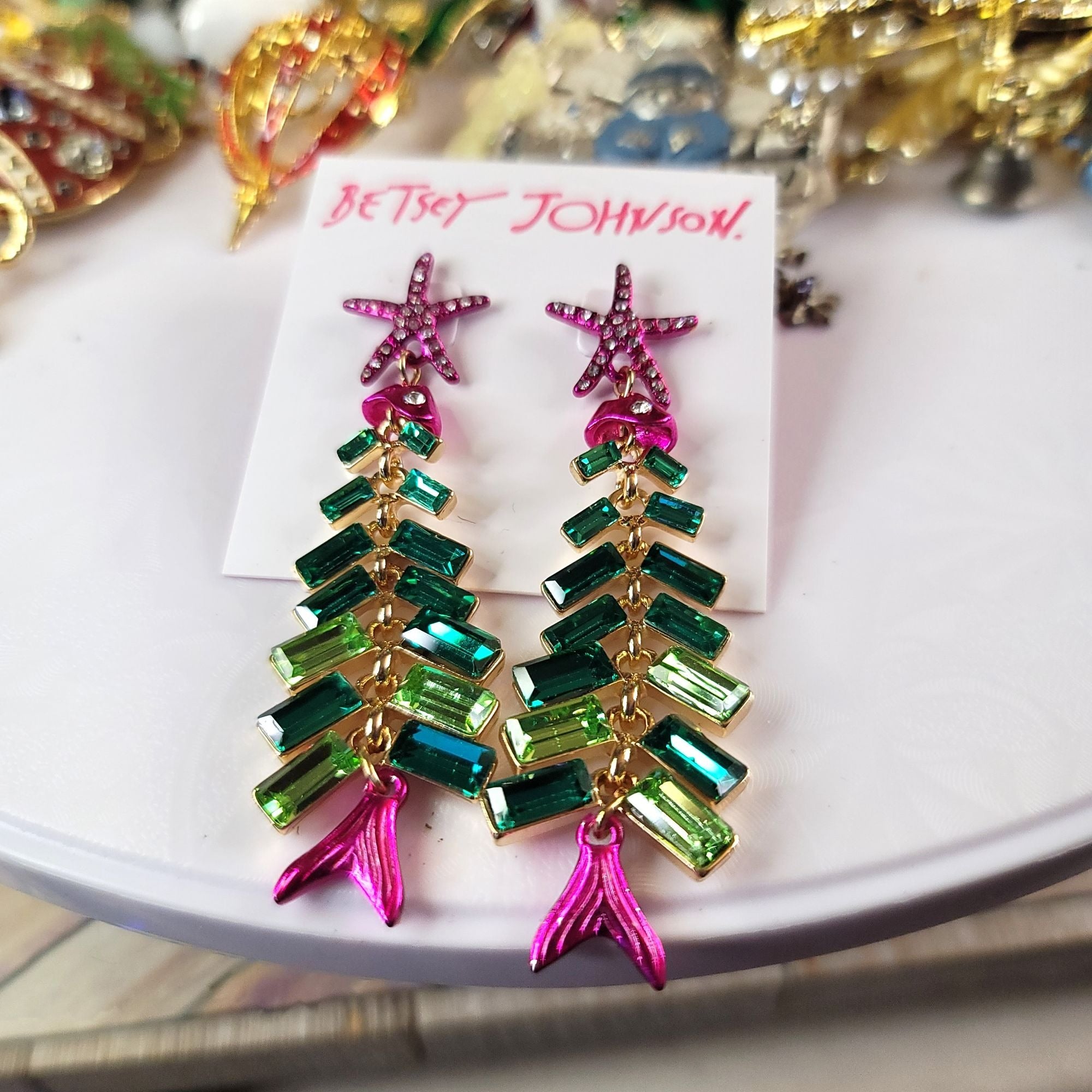Betsey Johnson Rhinestone Star Fish Dangle Pierced earrings NWT