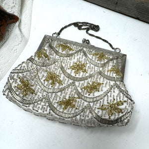 Silver & Gold Glass Beaded Evening Bag Purse  Chain Handle