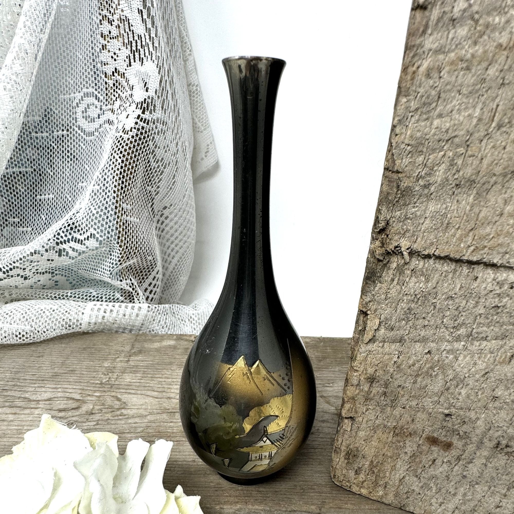 Vintage Metal Bud Vase Etched Mountain Design 6.5"