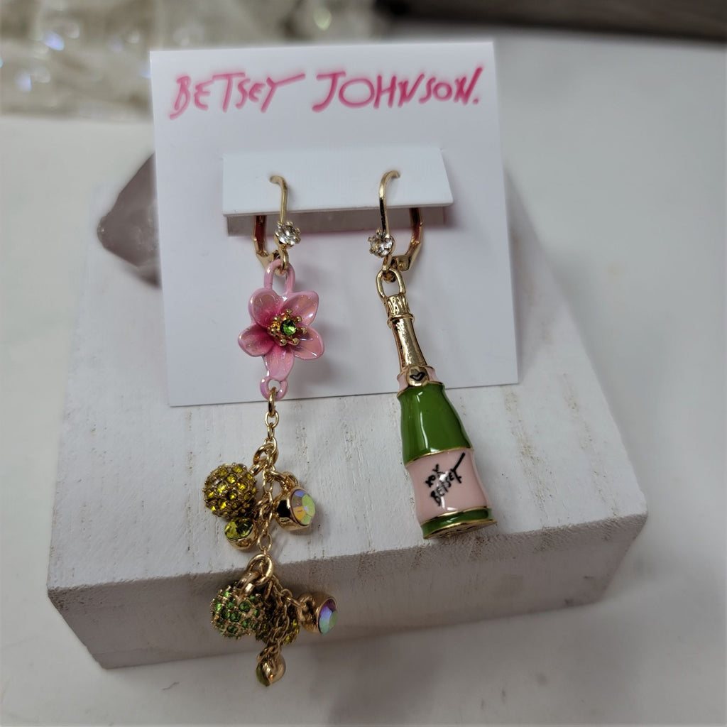 Betsey Johnson Pierced Earrings Wine & Rhinestone Flowers Lever Back