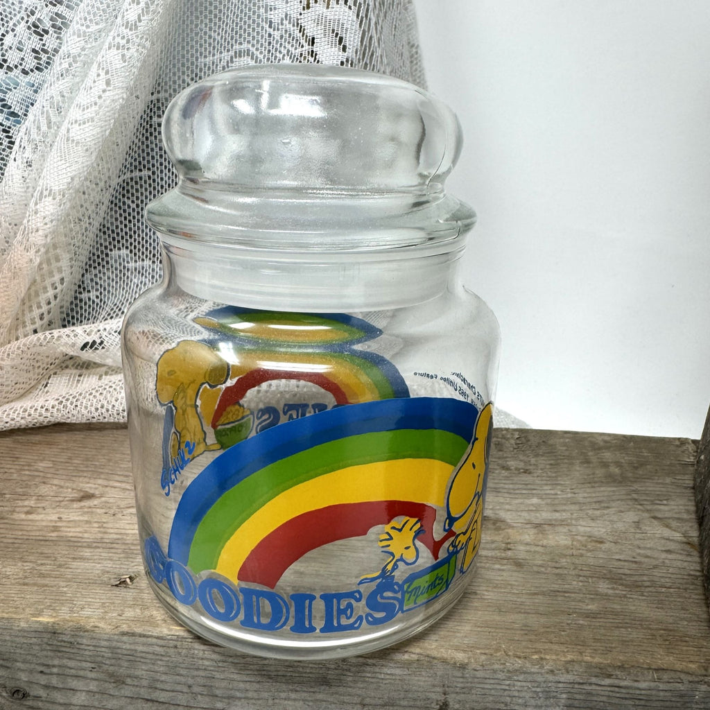 Vintage Peanuts Snoopy Woodstock Rainbow Glass Jar 1965  Goodies Jar