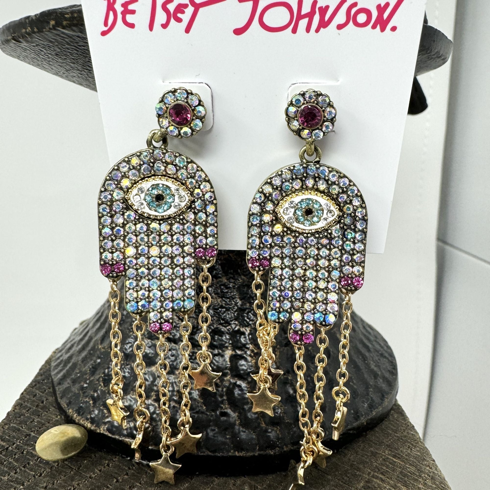 Betsey Johnson Rhinestone Hamsa Hand Earrings  dangle stars NWT