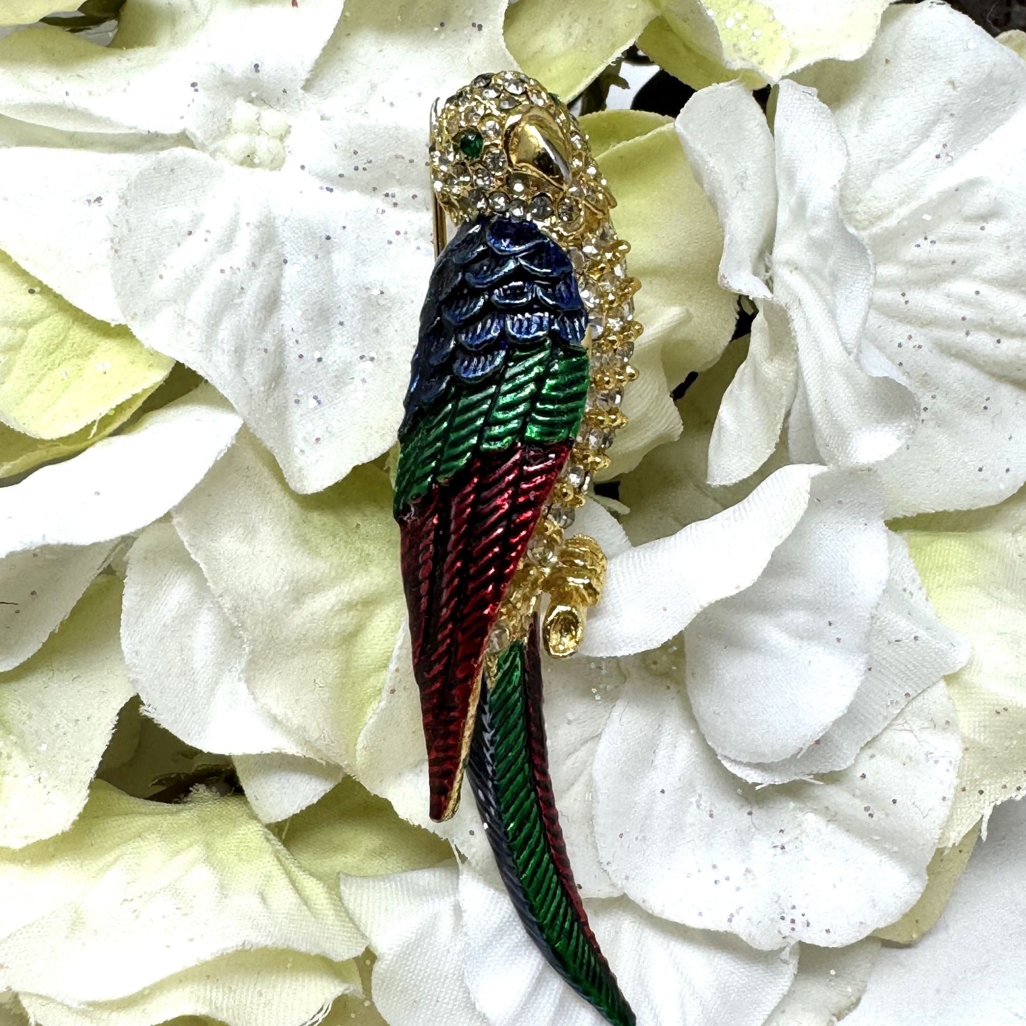 Vintage Parrot Brooch Pin Enamel N Rhinestone Goldtone