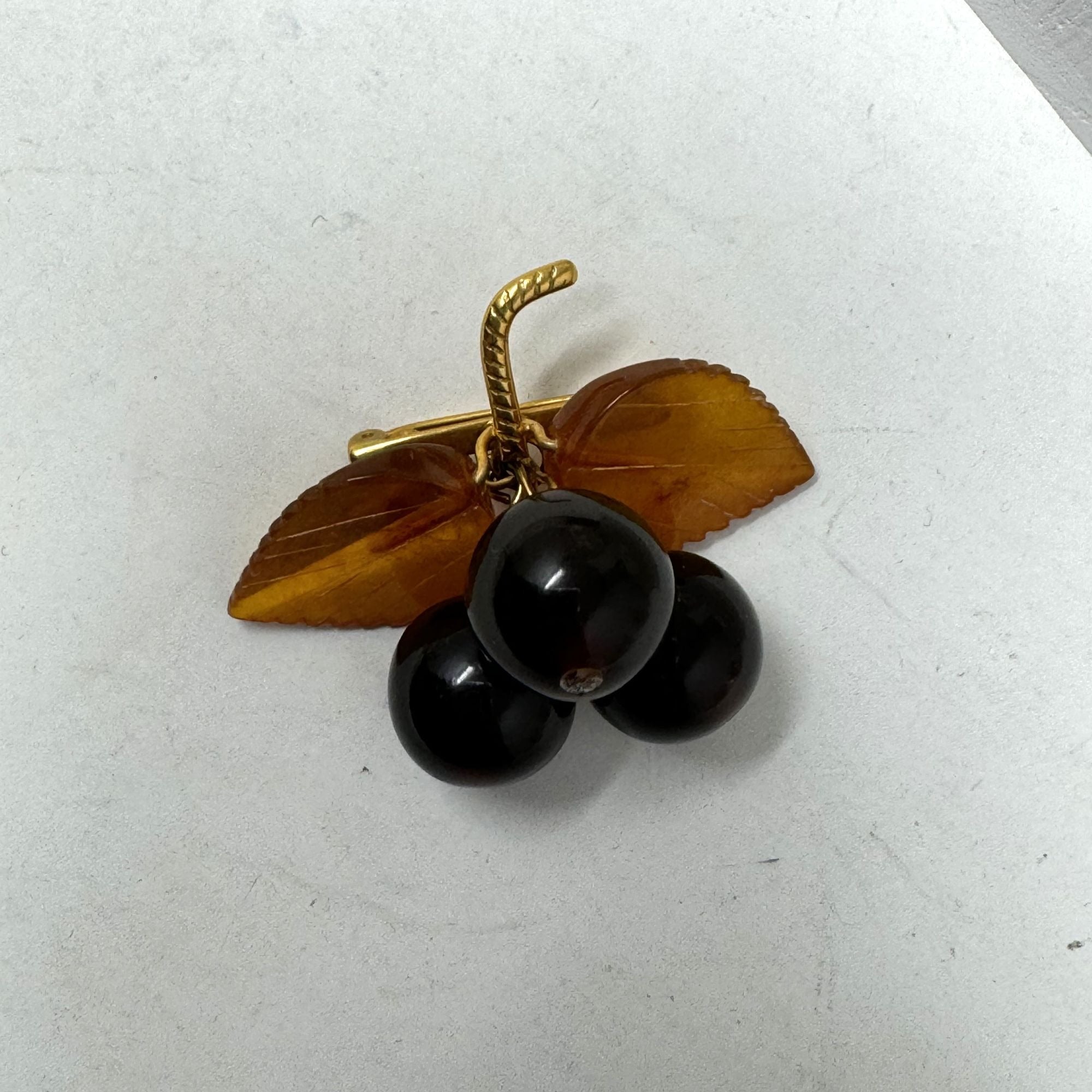 Vintage Russian Carved Cognac Cherry Amber berries and Leaf Brooch