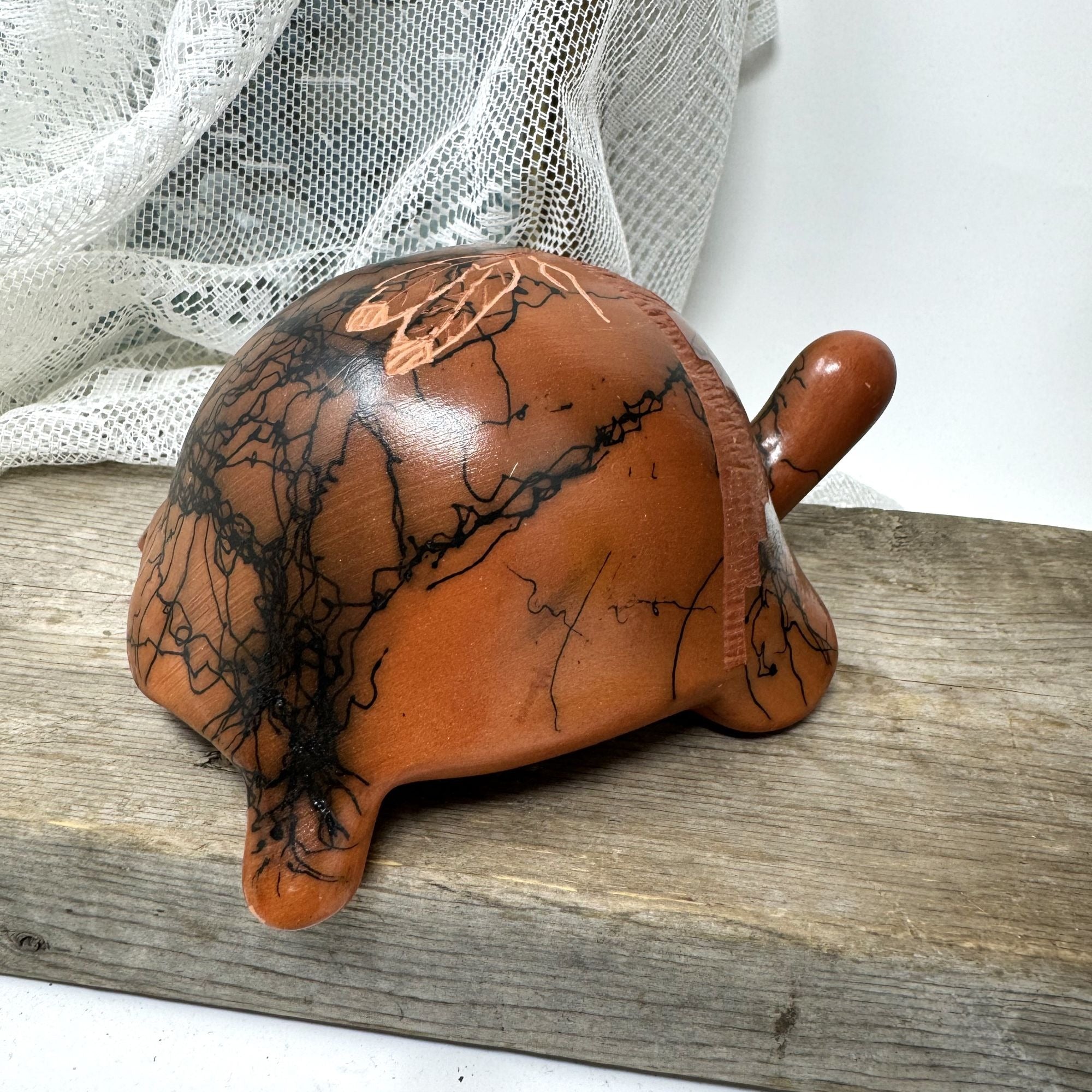 Horse Hair Pottery Hand Etched painted Turtle Signed Yazzie
