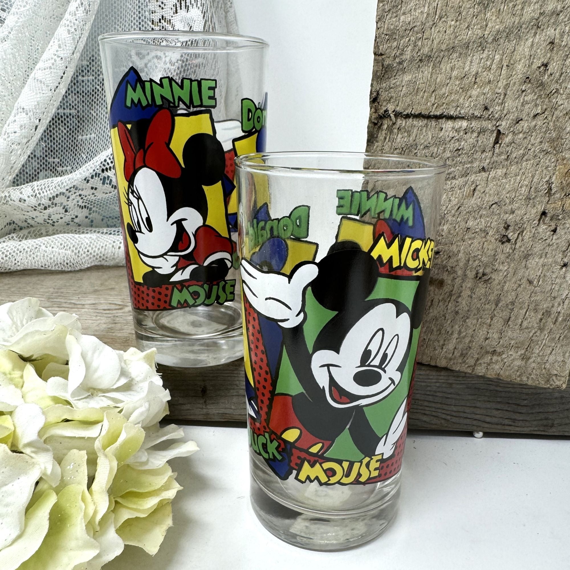 Vintage Mickey Mouse Minnie Mouse Donald Duck Glass Tumbler 2pc