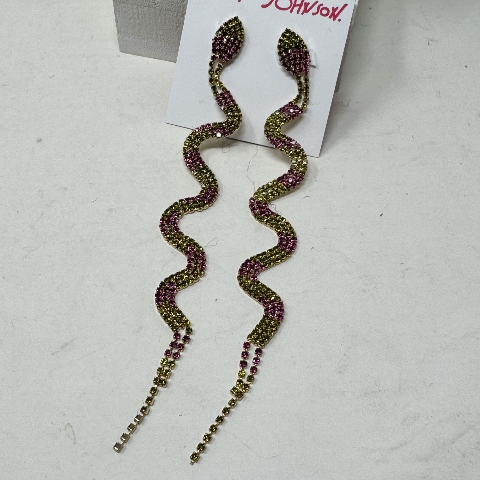 Betsey Johnson Slithering Rhinestone Long Snake Earrings Pink Pierced