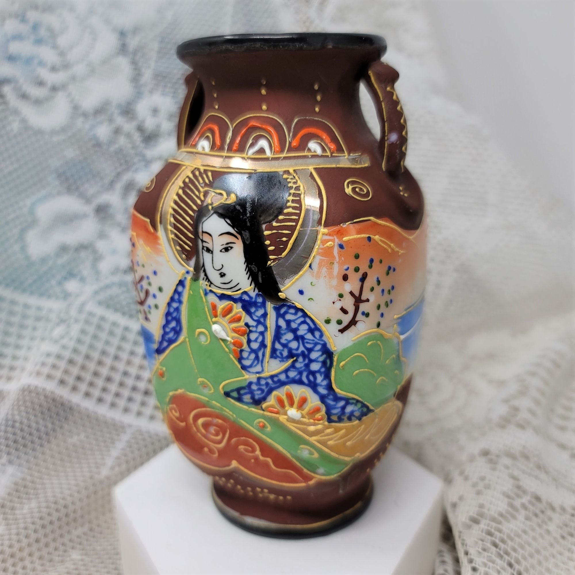 Vintage Small Vase Oriental Woman Brown Japan
