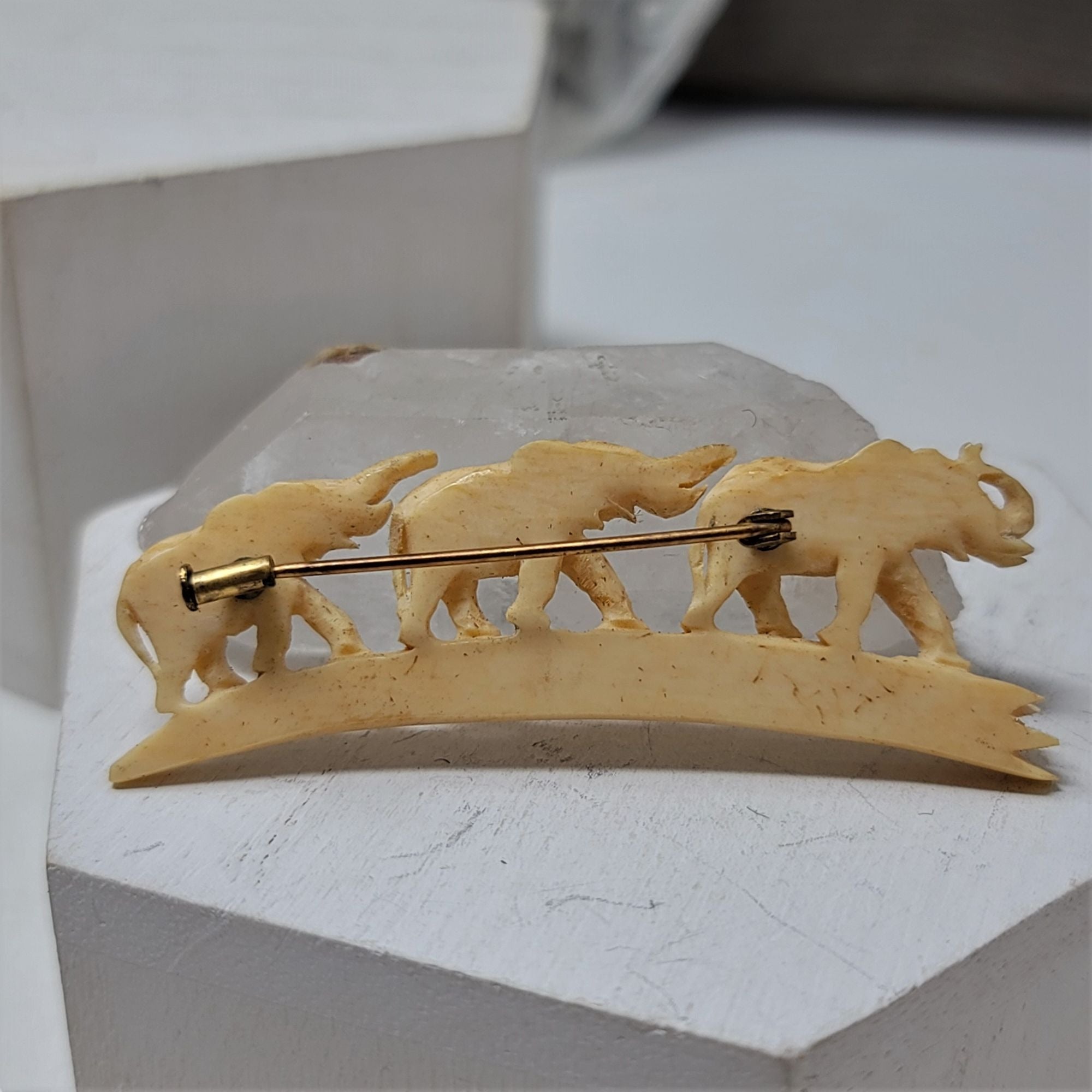 Vintage Bone Elephant Pin Brooch Trunk up Herd