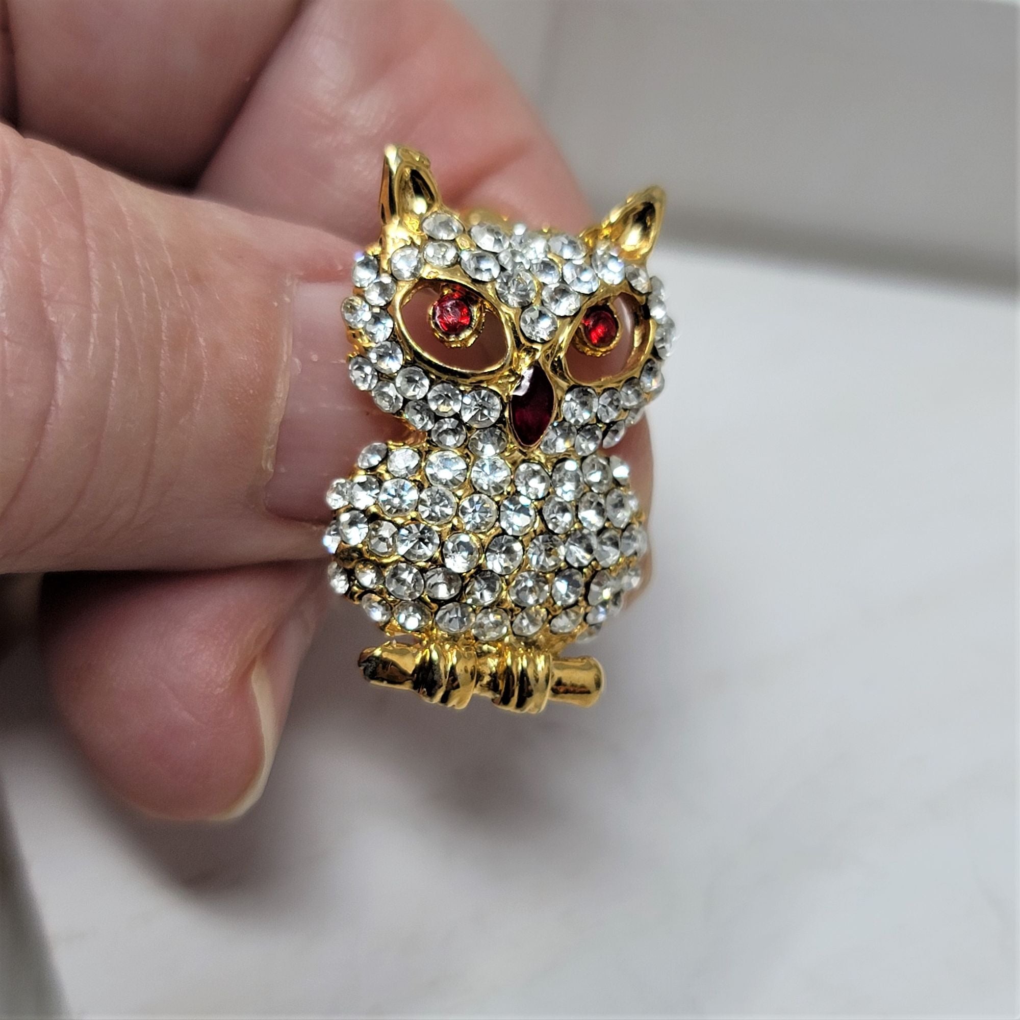 Sparkling Rhinestone Owl Pin Brooch Ruby Eyes