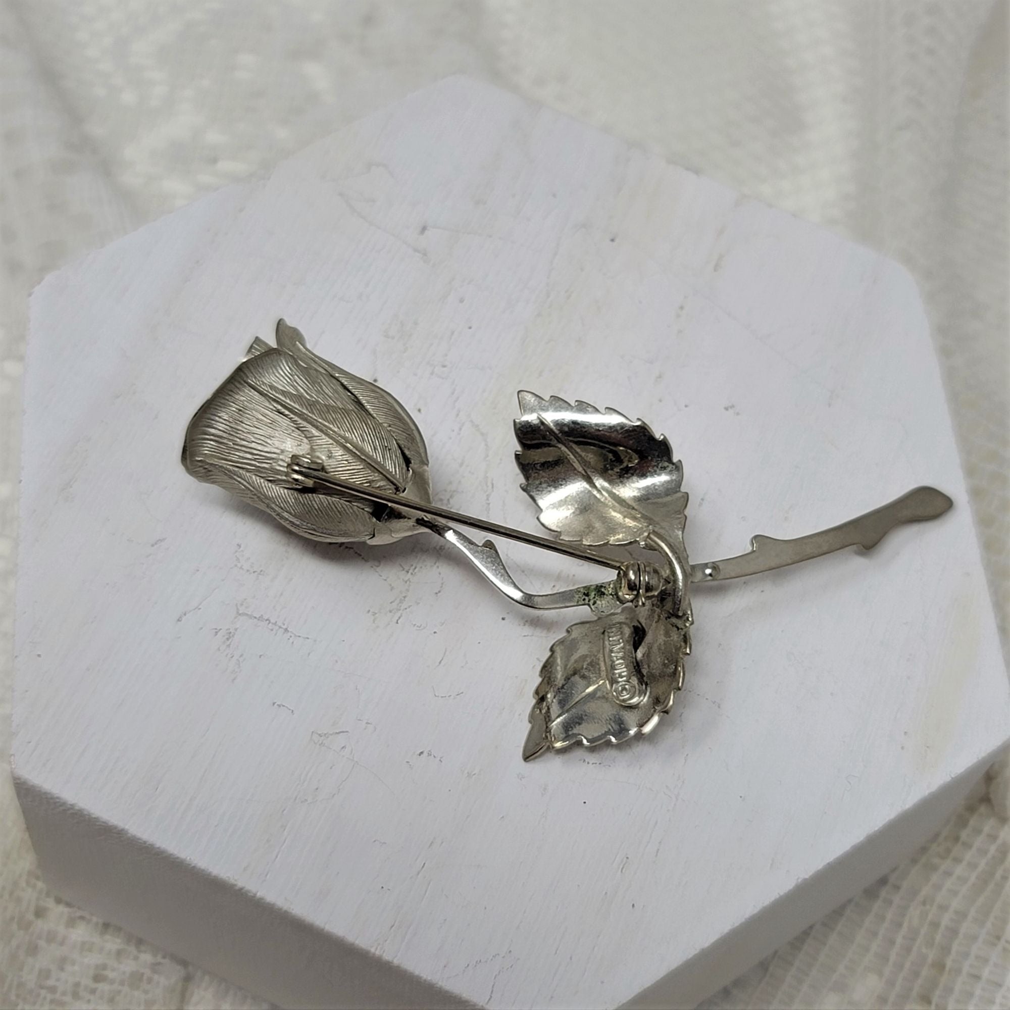 Vintage Giovanni Signed Silver Tone Rose Brooch