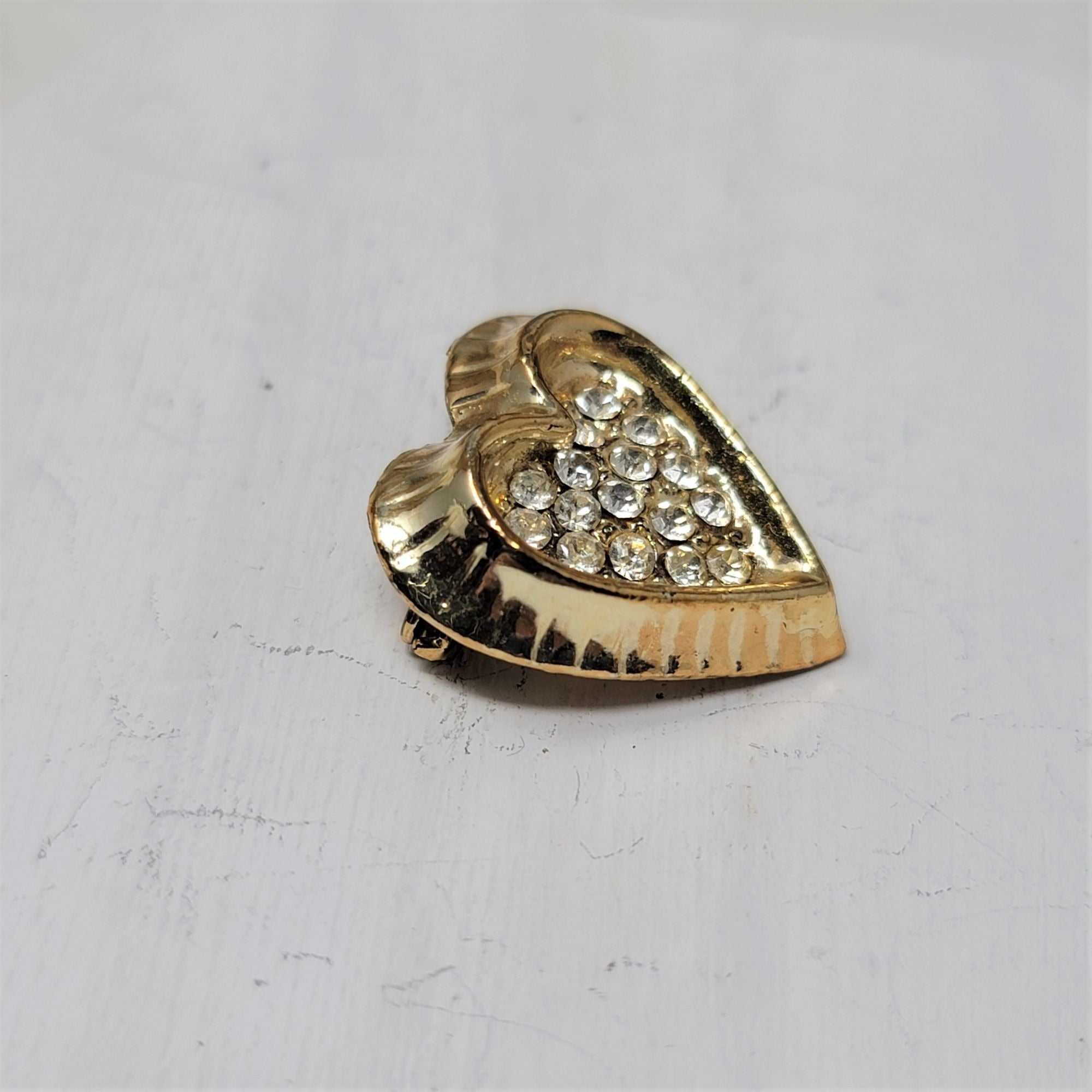 Small Vintage Heart Pin Brooch Rhinestone Center Gold tone