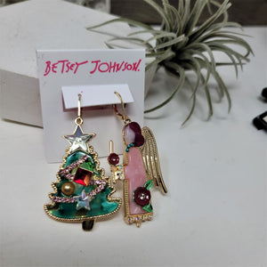 Betsey Johnson Christmas Tree Holiday Angel Mismatch Drop Earrings NWT