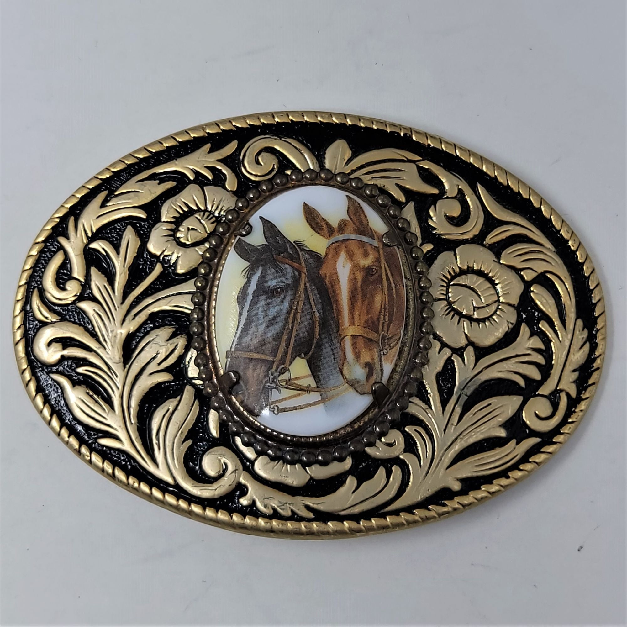 Western Vintage Belt Buckle Porcelain Horse Heads Goldtone